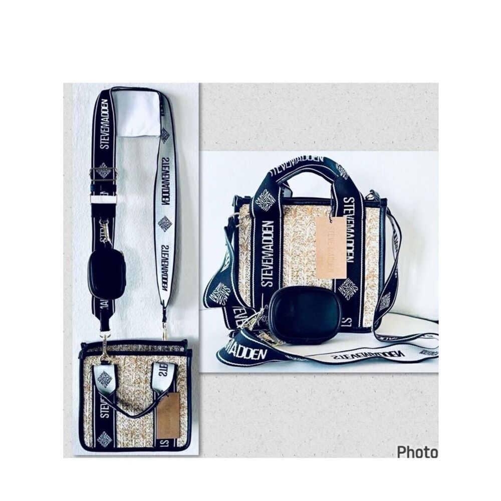 NWT Steve Madden Gorgeous BWEBBER Black Tan Straw Wicker Crossbody bag & Pouch